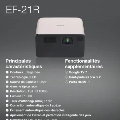 EF-21G, Mini projecteur laser, 1 000 lumens, Affichage jusqu’à 150 pouces, Google TV™ et haut-parleur Bluetooth, Portable