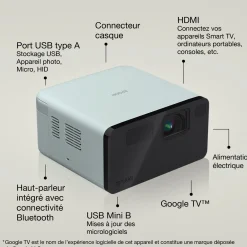EF-21G, Mini projecteur laser, 1 000 lumens, Affichage jusqu’à 150 pouces, Google TV™ et haut-parleur Bluetooth, Portable