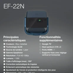 EF-22N, Mini projecteur laser, 1 000 lumens, Affichage jusqu’à 150 pouces, Google TV™ et haut-parleur Bluetooth, Portable