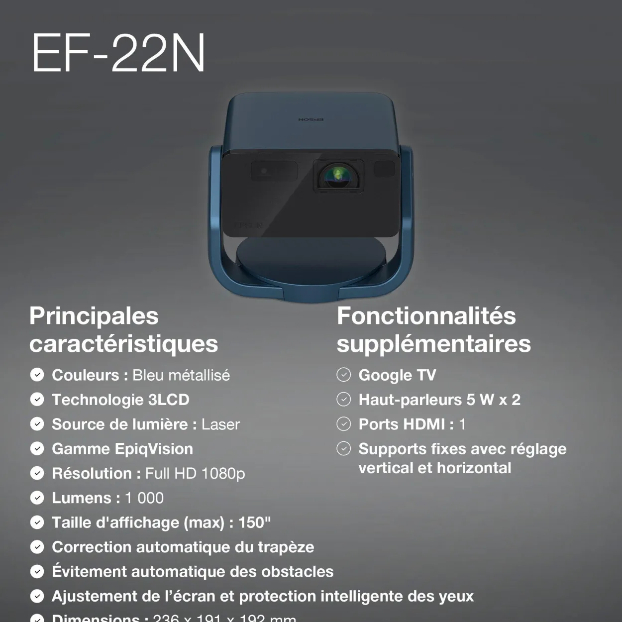 EF-22N, Mini projecteur laser, 1 000 lumens, Affichage jusqu’à 150 pouces, Google TV™ et haut-parleur Bluetooth, Portable