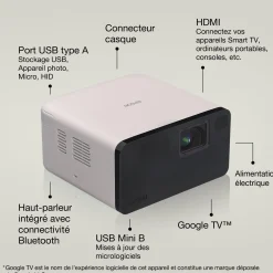 EF-21R, Mini projecteur laser, 1 000 lumens, Affichage jusqu’à 150 pouces, Google TV™ et haut-parleur Bluetooth, Portable