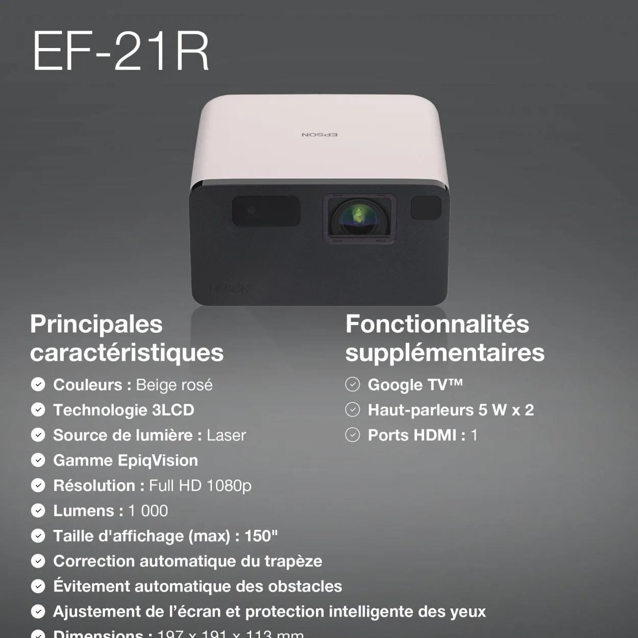 EF-21R, Mini projecteur laser, 1 000 lumens, Affichage jusqu’à 150 pouces, Google TV™ et haut-parleur Bluetooth, Portable