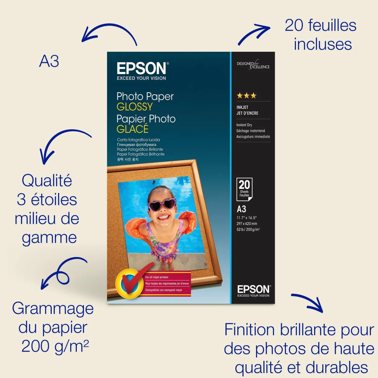 Epson A3 Glossy Photo Paper 200gsm, 20 sheets