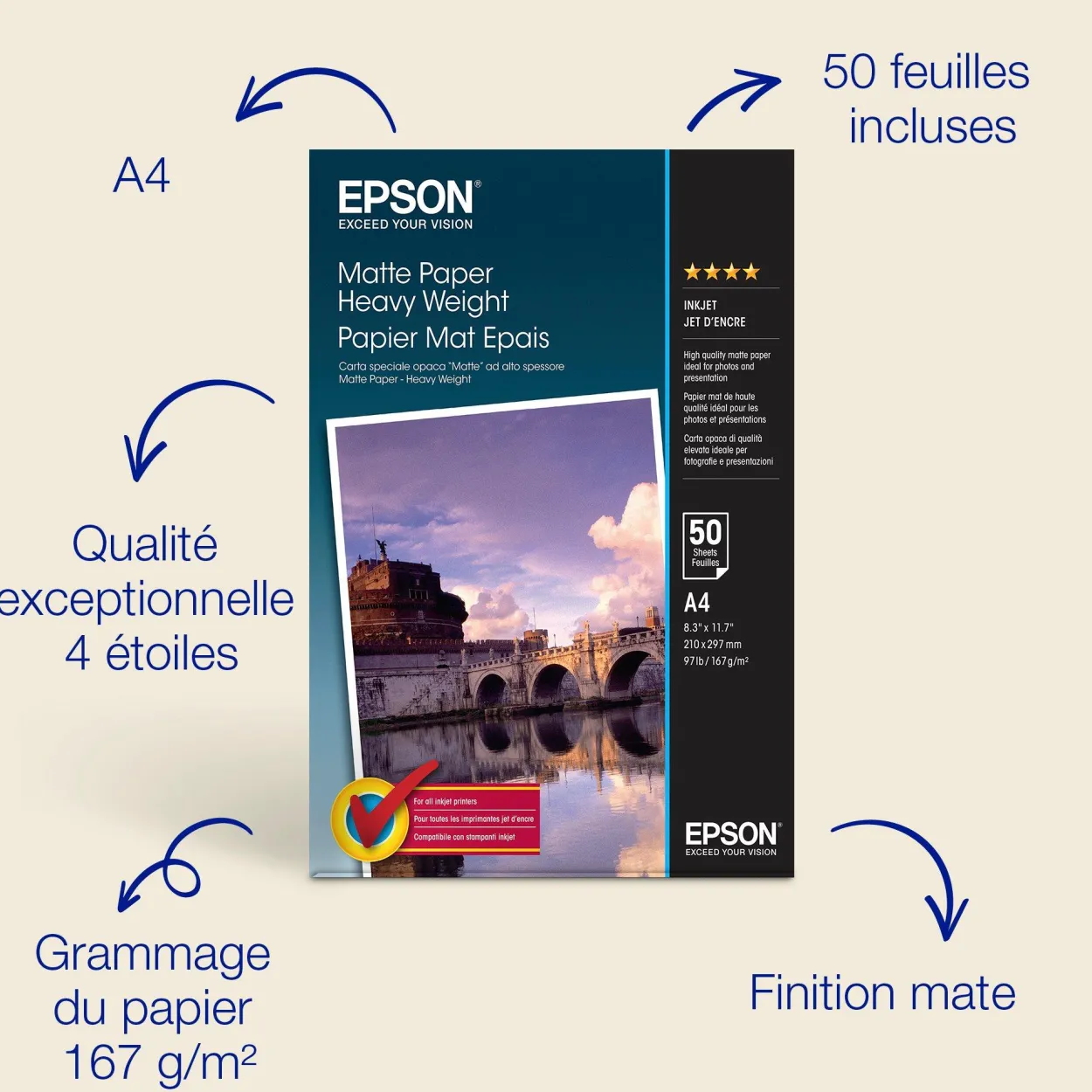 Epson A4 Matte Paper 167gsm, 50 sheets