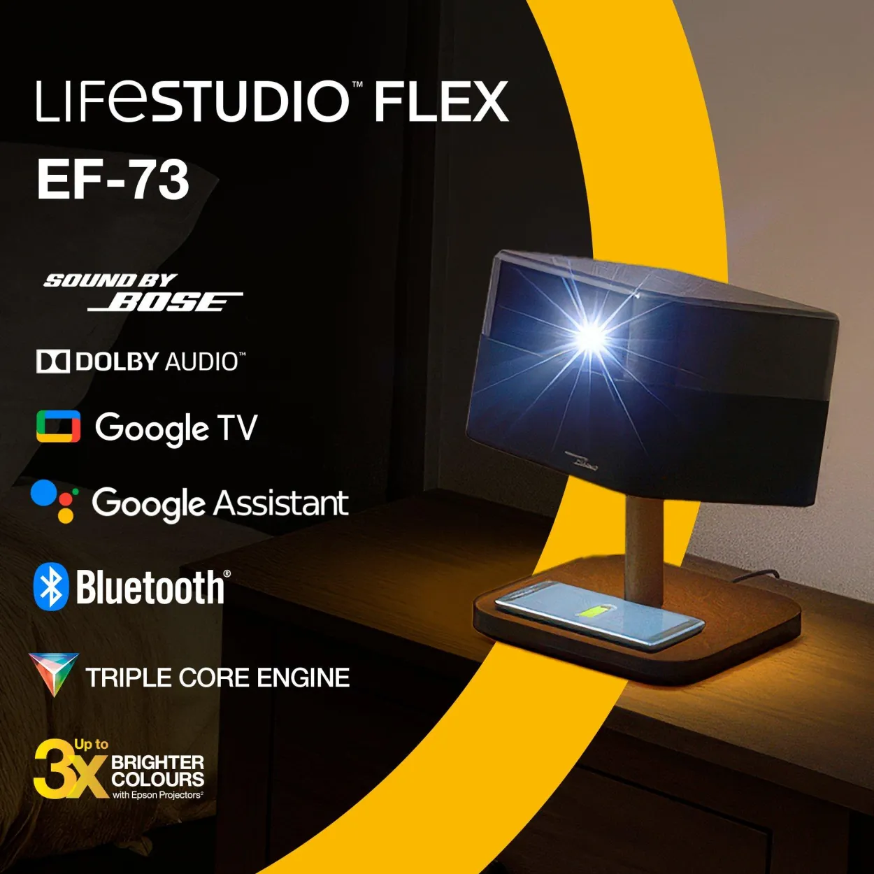 Epson Lifestudio Flex Édition spéciale luxe — EF-73 Noir profond, Projecteur intelligent portable, Sound by Bose, Google TV, 4K Pro UHD, Chargement sans fil, Usage intérieur/extérieur, Garantie 5 ans*
