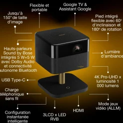 Epson Lifestudio Flex Édition spéciale luxe — EF-73 Noir profond, Projecteur intelligent portable, Sound by Bose, Google TV, 4K Pro UHD, Chargement sans fil, Usage intérieur/extérieur, Garantie 5 ans*