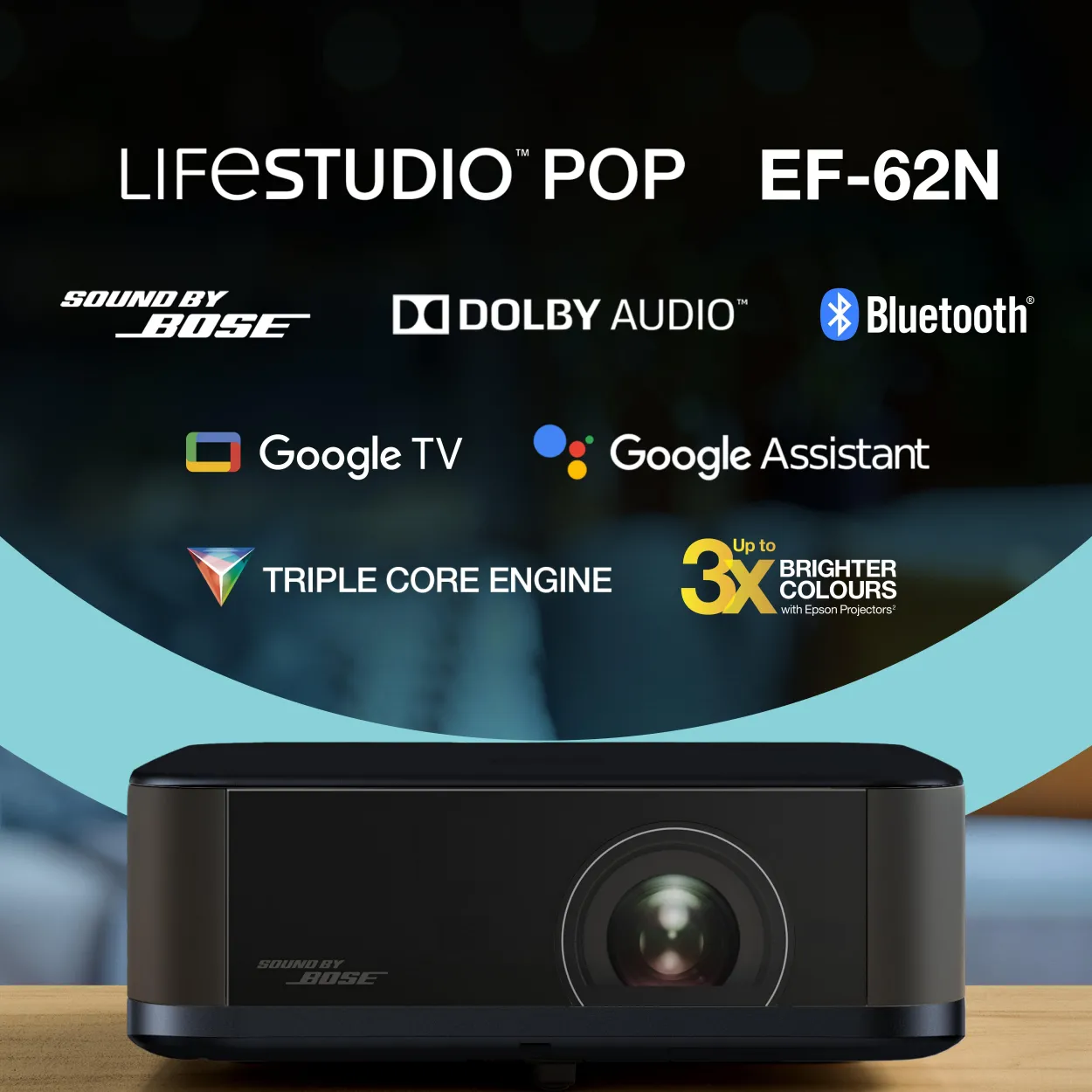 Epson Lifestudio Pop Plus EF-62N, Projecteur portable qualitatif, Sound by Bose, Google TV, 4K Pro UHD, Utilisation en intérieur/extérieur, Garantie de 5 ans*
