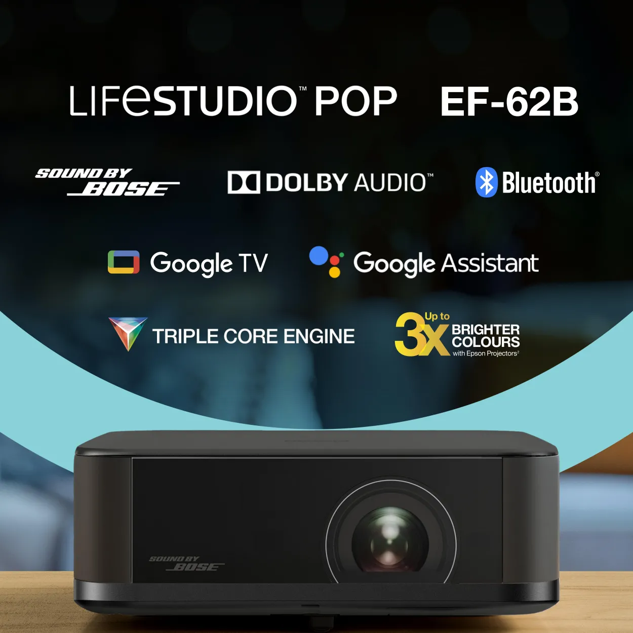Epson Lifestudio Pop Plus EF-62B, Projecteur portable qualitatif, Sound by Bose, Google TV, 4K Pro UHD, Utilisation en intérieur/extérieur, Garantie de 5 ans*