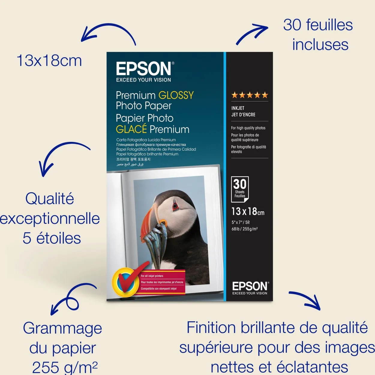 Epson Premium Glossy Photo Paper (130 x 180mm), 255gsm, 30 sheets