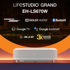 Epson Lifestudio Grand EH-LS670W diamant blanc, Projecteur laser intelligent à ultracourte focale, 4K PRO UHD, Sound by Bose, Google TV, taille d’image jusqu’à 120 pouces (305 cm), garantie de cinq ans*