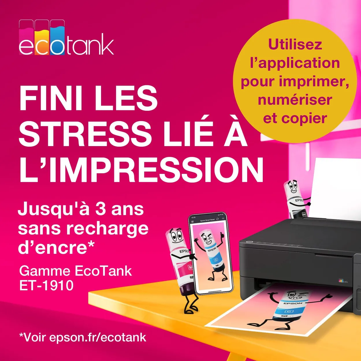 Imprimante A4 Wi-Fi et AirPrint EcoTank ET-1910 équipée de réservoirs d’encre, avec jusqu’à 3 ans d’encre inclus