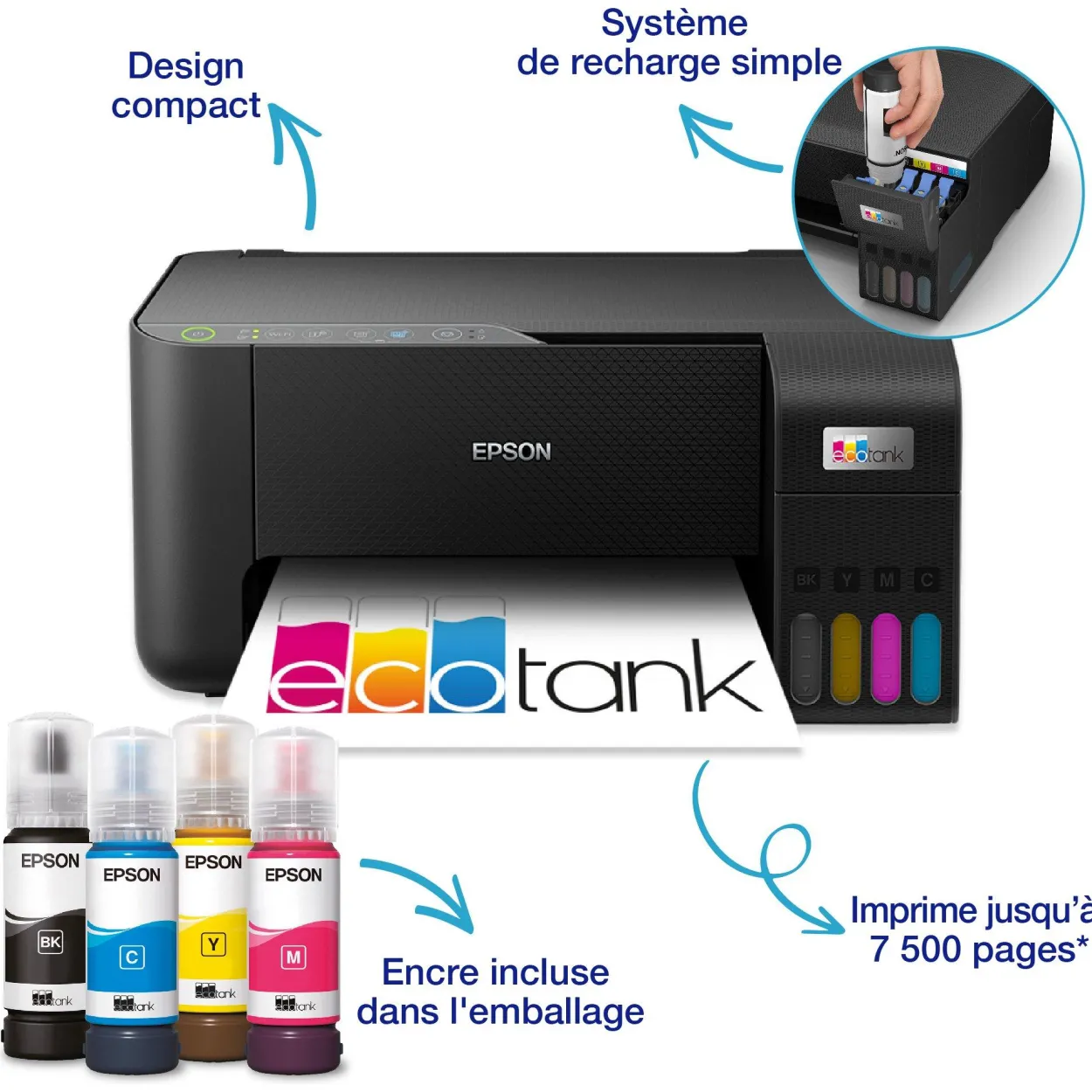 Imprimante multifonction A4 Wi-Fi EcoTank ET-2865 équipée de réservoirs d’encre, avec jusqu’à 3 ans d’encre inclus