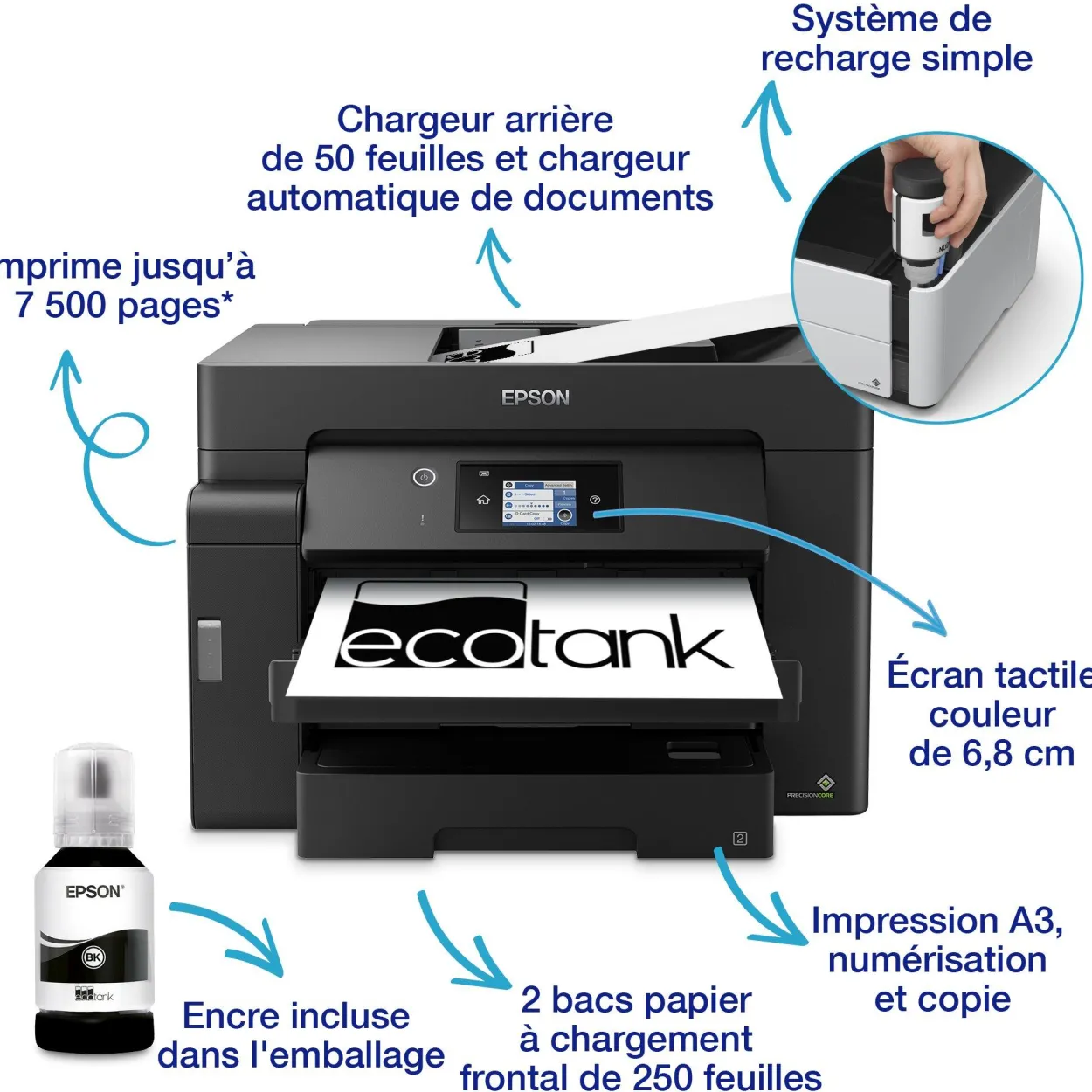 Imprimante multifonction A3 EcoTank monochrome ET-M16600 avec Wi-Fi, réservoir d’encre, scanner et copie