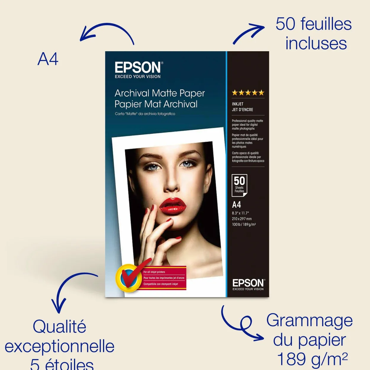 Papier photo A4 mat Epson Archival 189 g/m2, 50 feuilles