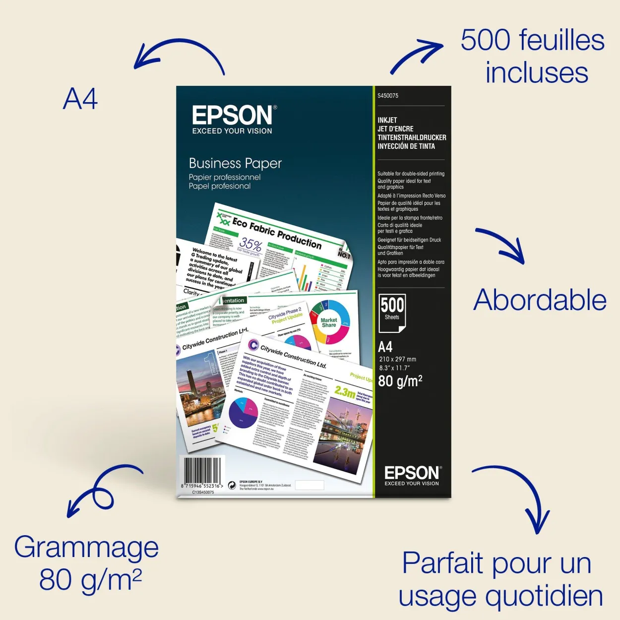 Papier professionnel A4 Jet d’Encre Epson 80 g/m2, 500 feuilles