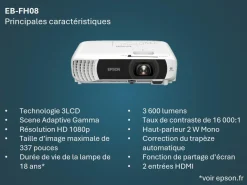 Projecteur à lampe Full HD EB-FH08, 2 ports HDMI, 3 600 lumens, grande taille d’image jusqu’à 337 pouces (8,56 m)