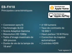 Projecteur à lampe Full HD EB-FH18, Apple AirPlay 2, Wi-Fi, 2 ports HDMI, 4 100 lumens, grande taille d’image jusqu’à 304 pouces (7,72 m)