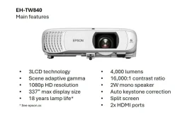 Projecteur à lampe Full HD EH-TW840, 2 ports HDMI, 4 000 lumens, grande taille d’image jusqu’à 337 pouces (8,56 m)