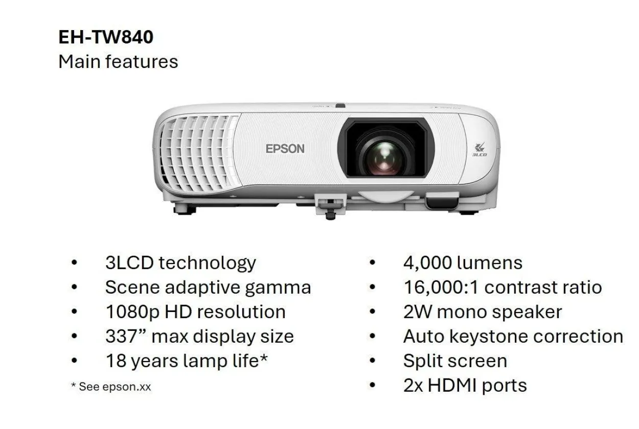 Projecteur à lampe Full HD EH-TW840, 2 ports HDMI, 4 000 lumens, grande taille d’image jusqu’à 337 pouces (8,56 m)