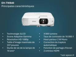 Projecteur à lampe Full HD EH-TW840, 2 ports HDMI, 4 000 lumens, grande taille d’image jusqu’à 337 pouces (8,56 m)