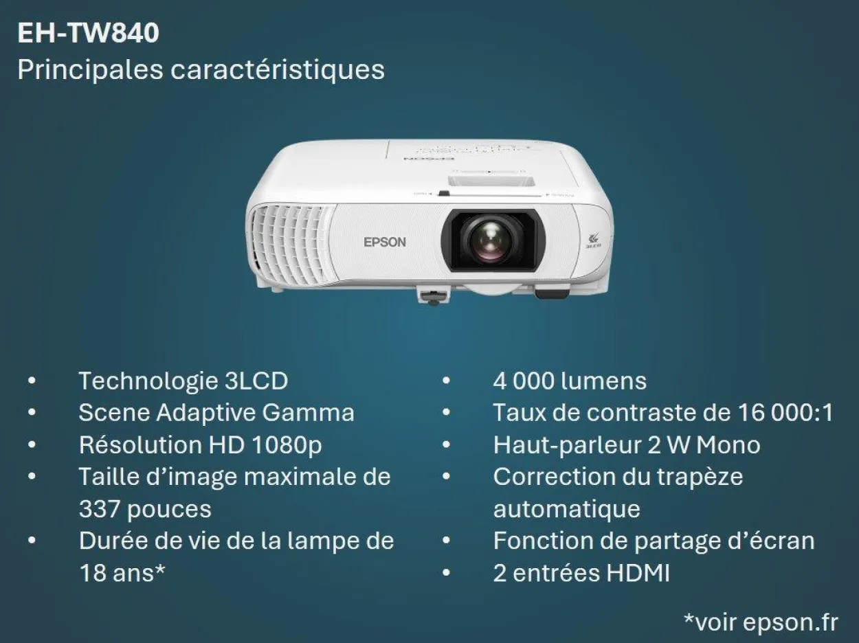 Projecteur à lampe Full HD EH-TW840, 2 ports HDMI, 4 000 lumens, grande taille d’image jusqu’à 337 pouces (8,56 m)