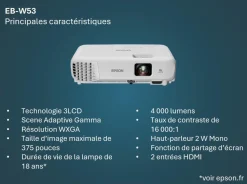 Projecteur à lampe WXGA EB-W53, 2 ports HDMI, 4 000 lumens, grande taille d’image jusqu’à 375 pouces (9,52 m)