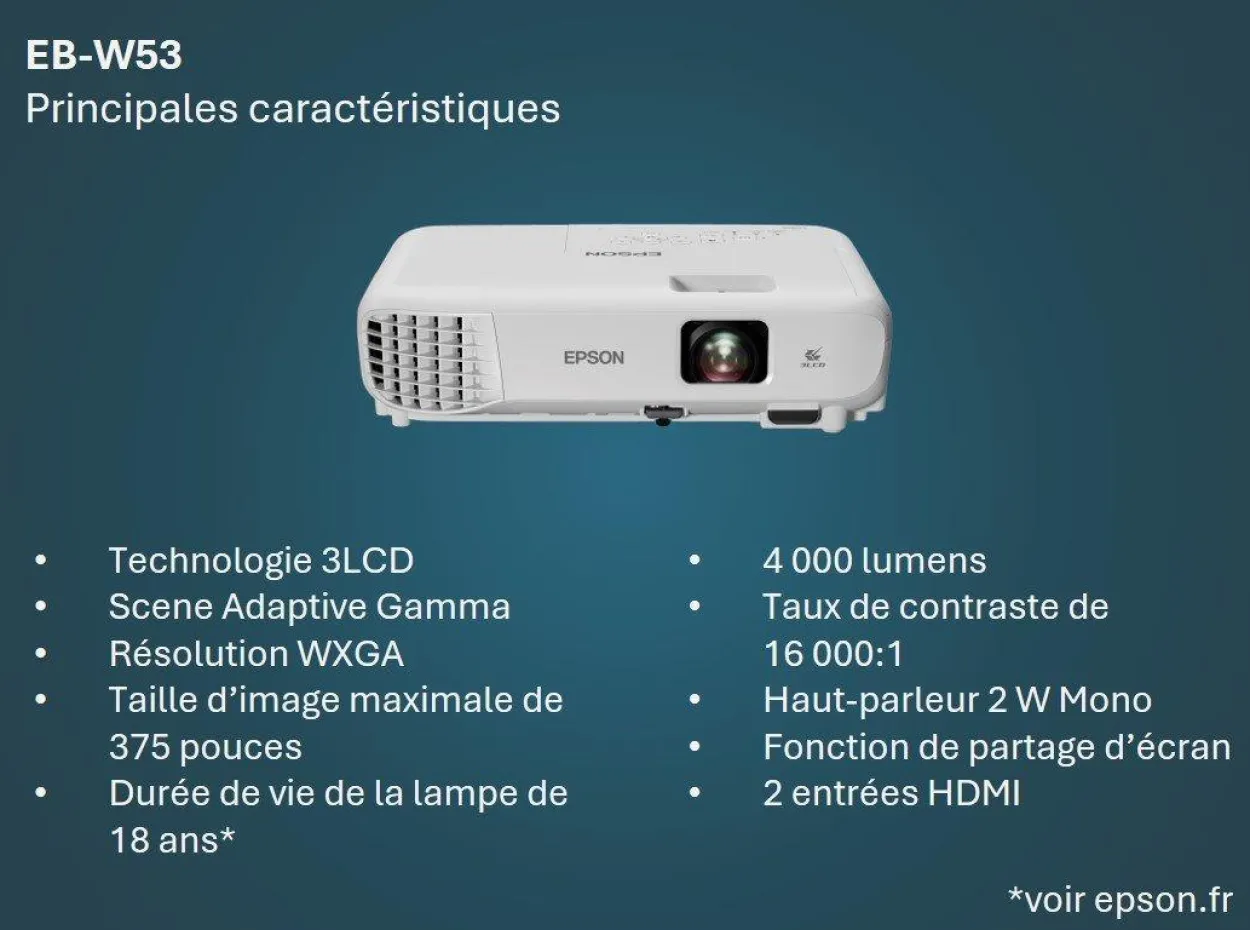 Projecteur à lampe WXGA EB-W53, 2 ports HDMI, 4 000 lumens, grande taille d’image jusqu’à 375 pouces (9,52 m)