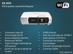Projecteur à lampe WXGA EB-W55, Wi-Fi intégré, 2 ports HDMI, 4 000 lumens, grande taille d’image jusqu’à 320 pouces (8,13 m)