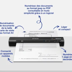 Scanner mobile A4 rapide WorkForce ES-60W avec connexion Wi-Fi, technologie Epson ScanSmart et écran LCD
