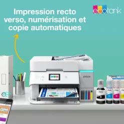Solution d’impression A4 blanche EcoTank ET-4956 équipée d’une connexion Wi-Fi et de réservoirs d’encre, avec jusqu’à 3 ans d’encre inclus