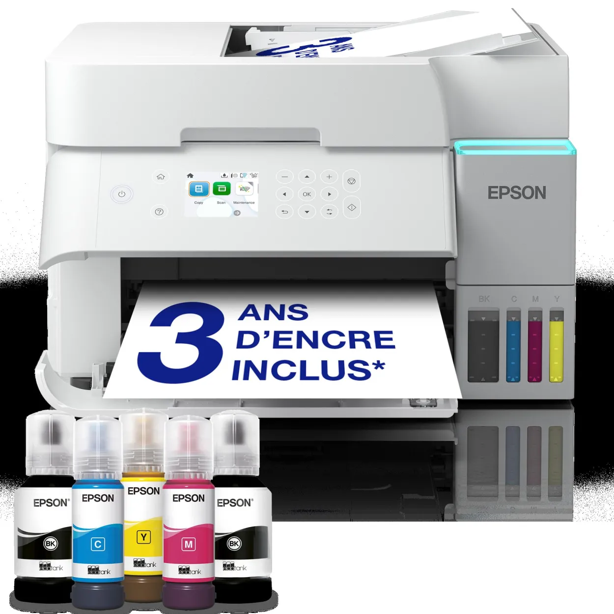 Solution d’impression A4 blanche EcoTank ET-3956 équipée d’une connexion Wi-Fi et de réservoirs d’encre, avec jusqu’à 3 ans d’encre inclus