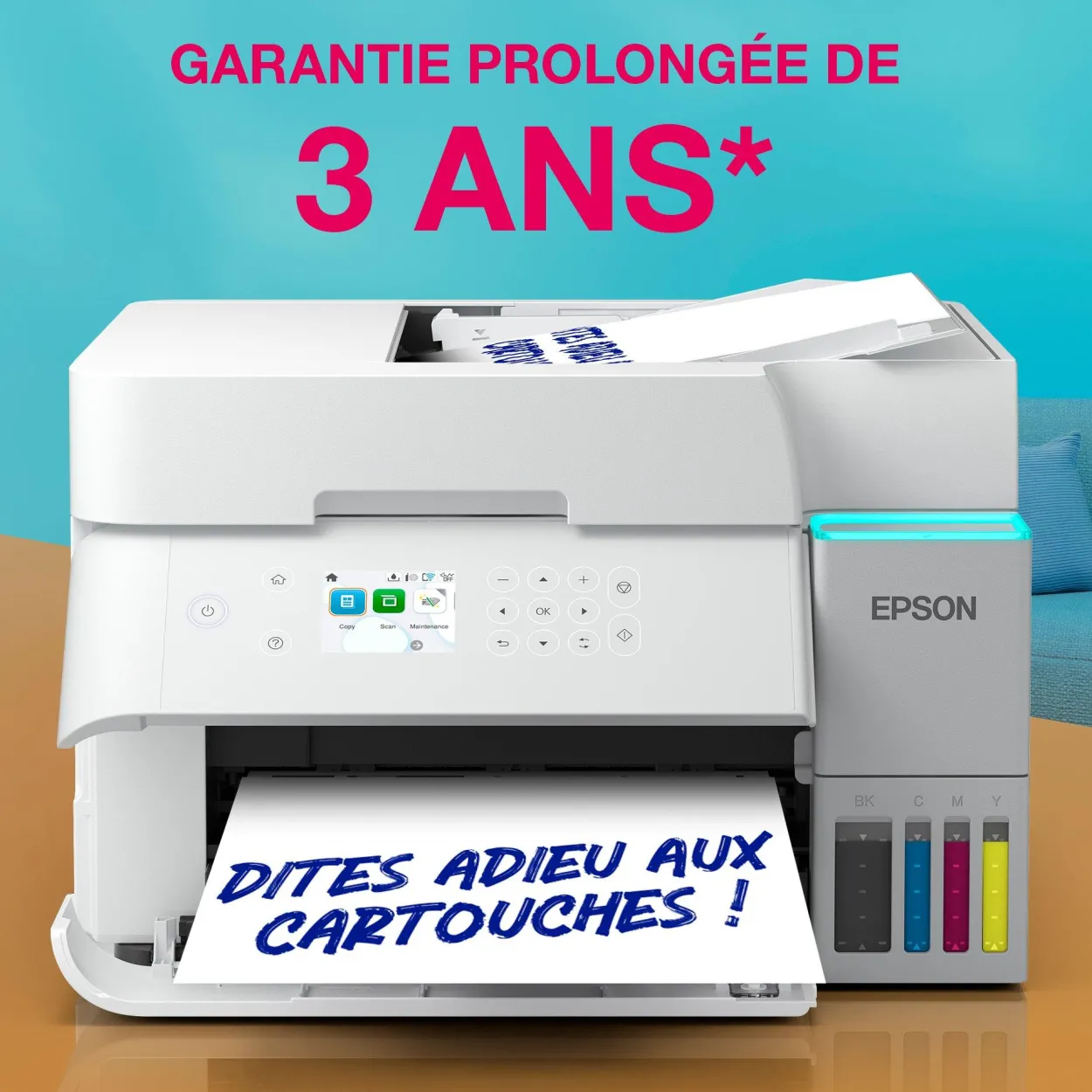 Solution d’impression A4 blanche EcoTank ET-3956 équipée d’une connexion Wi-Fi et de réservoirs d’encre, avec jusqu’à 3 ans d’encre inclus