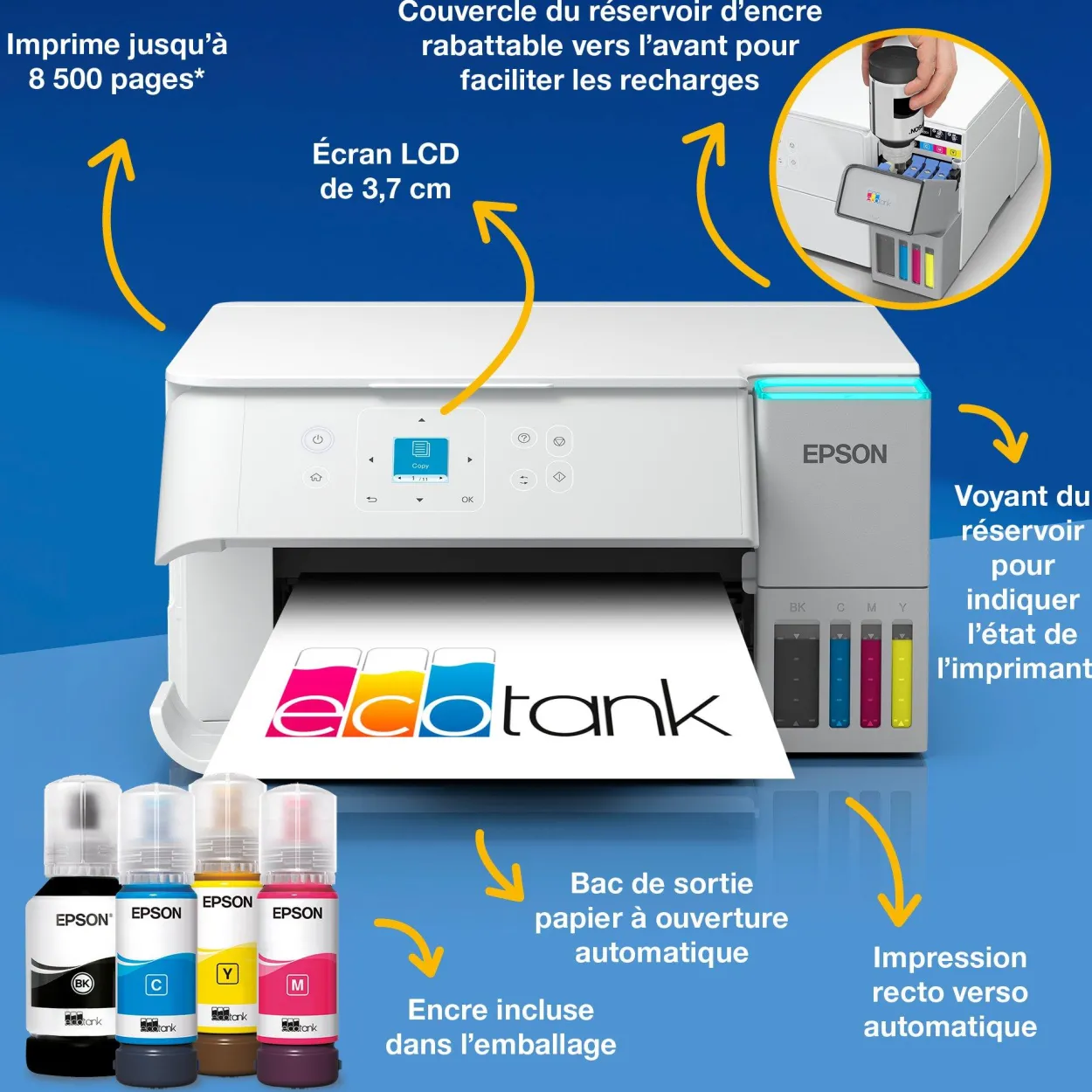 Solution d’impression A4 blanche EcoTank ET-2959 équipée d’une connexion Wi-Fi et de réservoirs d’encre, avec jusqu’à 3 ans d’encre inclus