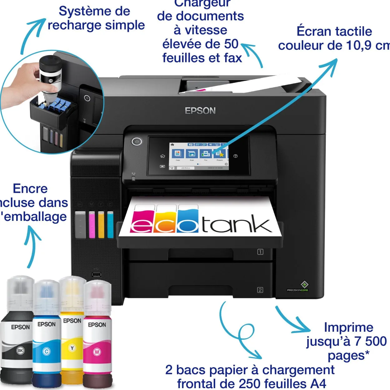 Solution d’impression A4 EcoTank ET-5855 avec Wi-Fi, réservoirs d’encre et fax