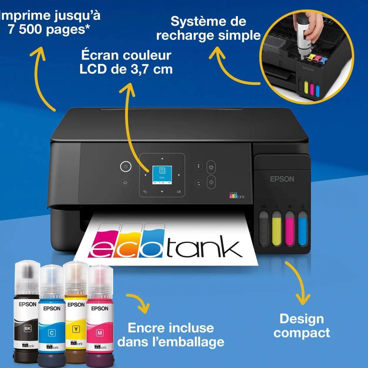 Solution d’impression multifonction A4 Wi-Fi et AirPrint EcoTank ET-2922 équipée de réservoirs d’encre, écran LCD et jusqu’à 3 ans d’encre inclus