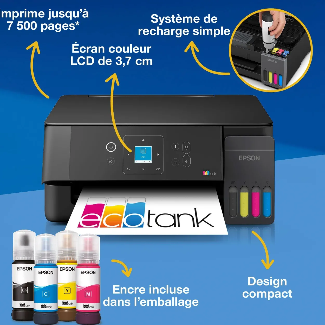 Solution d’impression multifonction A4 Wi-Fi et AirPrint EcoTank ET-2920 équipée de réservoirs d’encre, écran LCD et jusqu’à 3 ans d’encre inclus